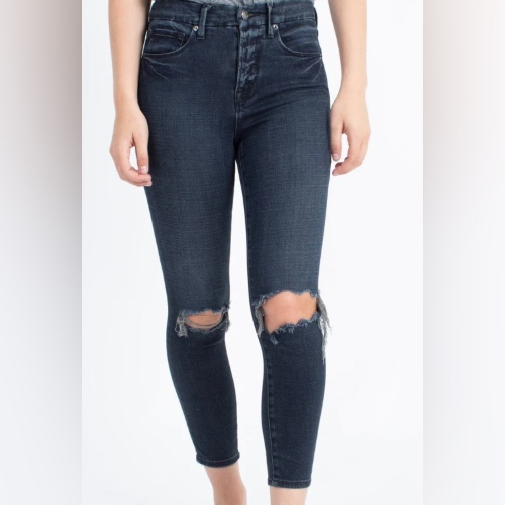 Good American GOOD WAIST CROP" DISTRESSED JEANS size 4/27 dark bleu